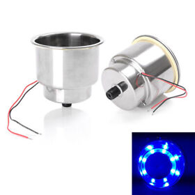 2x Drink Cup Holder Stainless Steel 8 Blue Led 12v For Marine Boat Car Truck