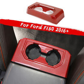 Cherocar202207237 Armrest Box Rear Cup Holder Panel Trim Cover For Ford F150 2016-2020 Red Carbon