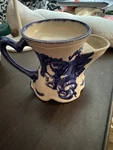Blue And White Ceramic Shaving Mug With Brush Soap Holder, Drain Holes. Fixed Price $49.00.